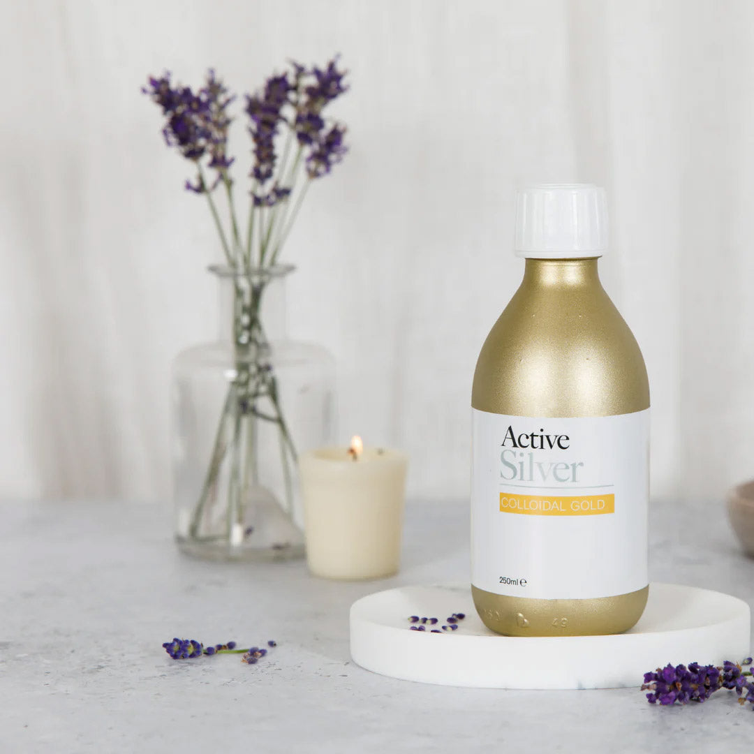 Active Silver Colloidal Gold 250ml bottle on bathroom counter top