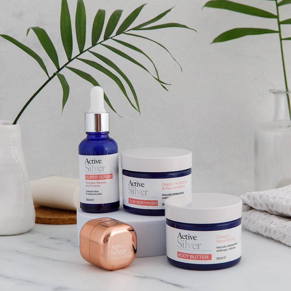 Active Silver Beauty Bundle Product Lineup In Bathroom