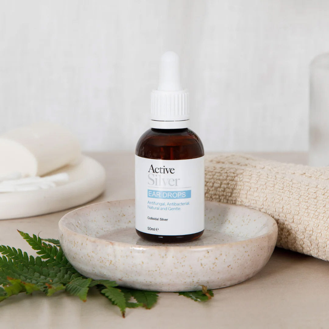 Active Silver Ear Drops 50ml in a bathroom