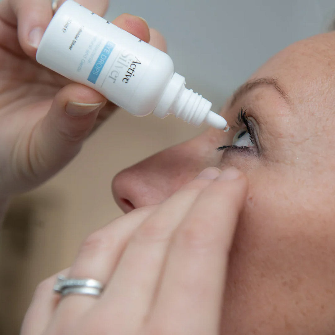 Active Silver Natural and Gentle Eye Drops being applied to the eyes
