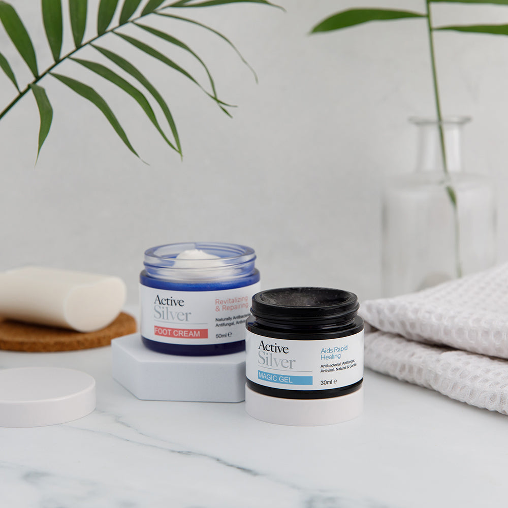Active Silver Foot Cream 50ml And Magic Gel 30ml Duo In Bathroom With Lids Off