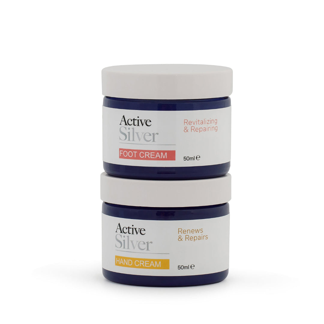 Active Silver Hand Cream & Foot Cream In 50ml Jars Stacked