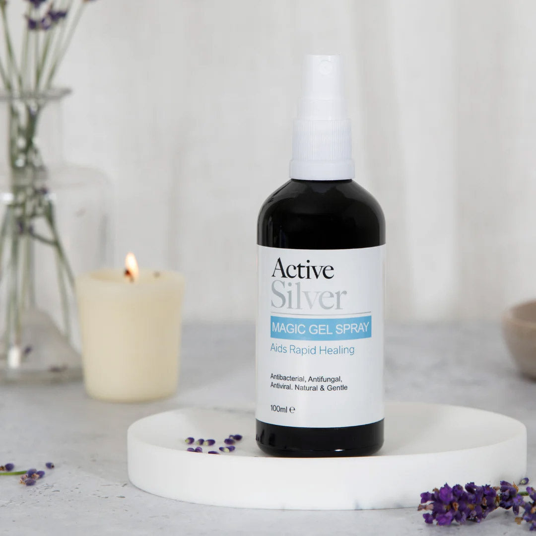 Active Silver Magic Gel Spray 100ml bottle in bathroom