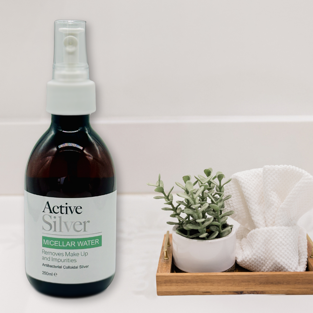 Active Silver Micellar Water spray bottle 250ml in bathroom