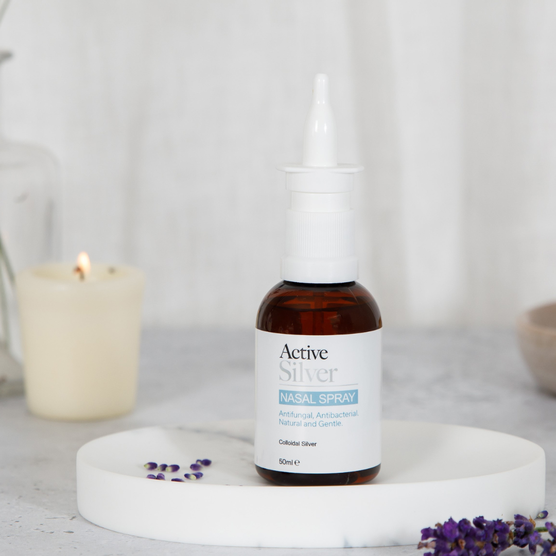 Active Silver Nasal Spray 50ml bottle in Bathroom
