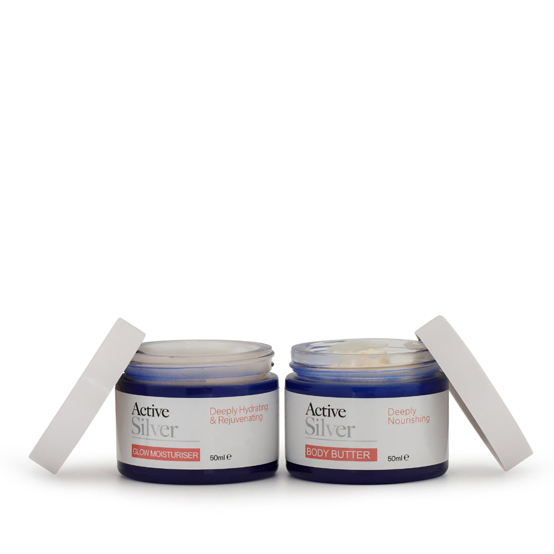 Active Silver Glow Moisturiser And Body Butter Duo in 50ml with lids off