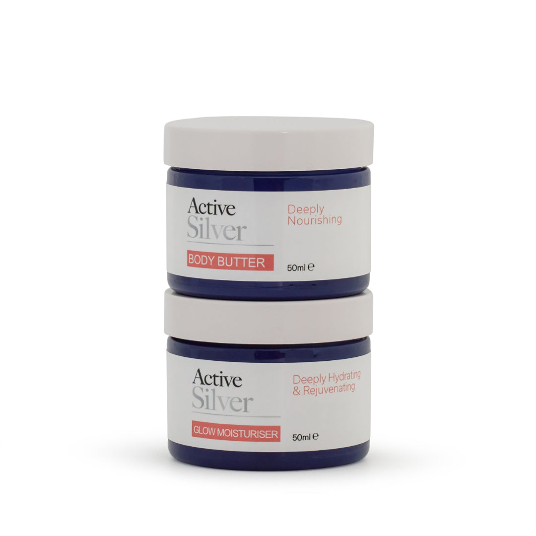 Active Silver Glow Moisturiser And Body Butter Duo in 50ml Stacked