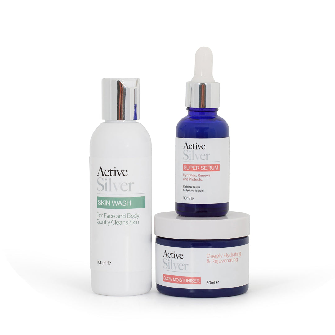 Active Silver Daily Facial Set bundle for daily skincare stacked on white background