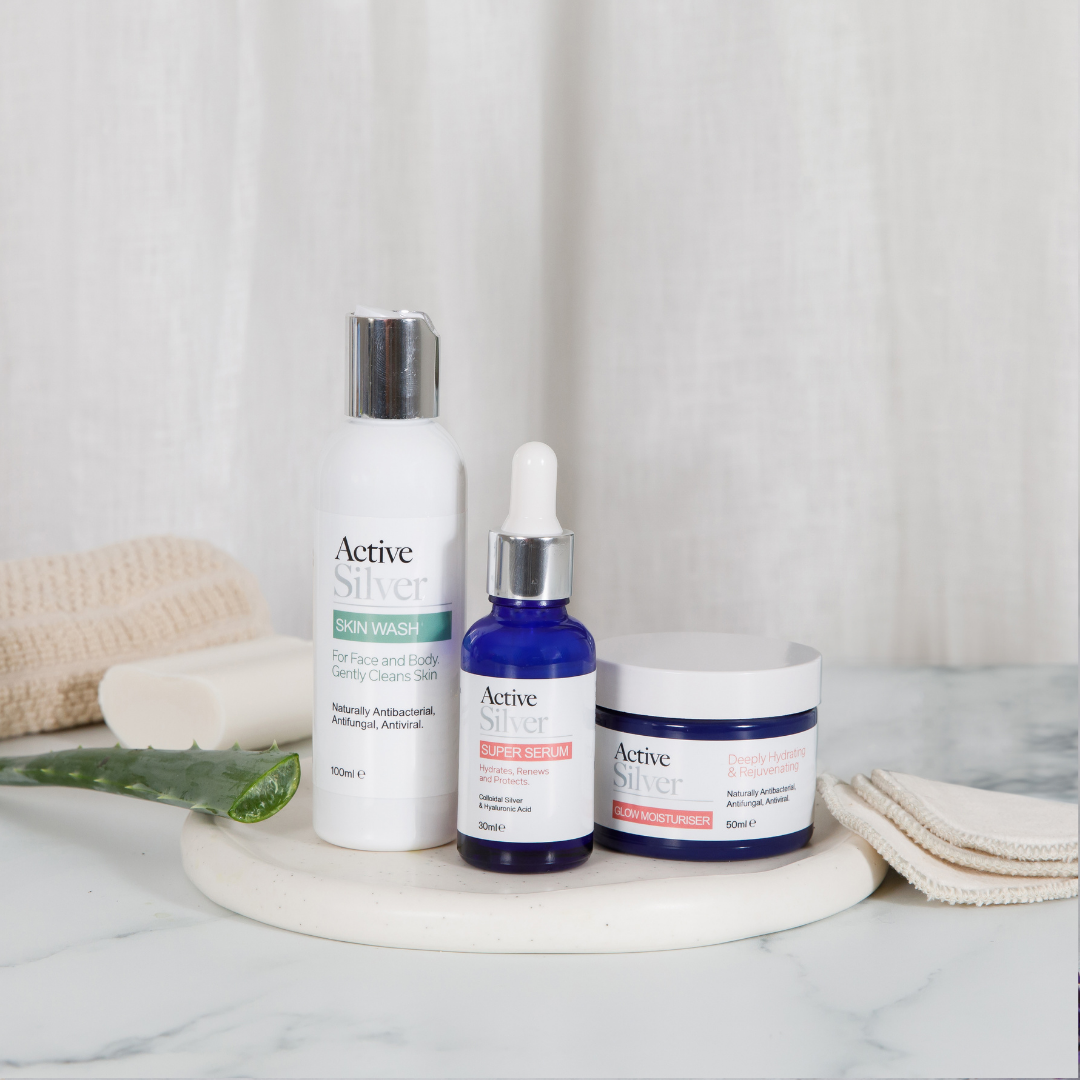 Active Silver Daily Facial Set bundle for daily skincare on bathroom counter top